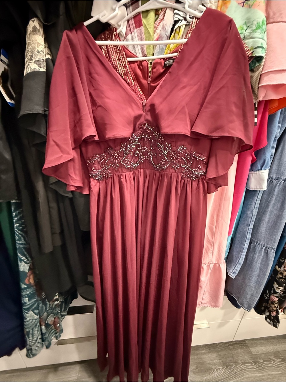 Beaded Burgundy Maxi Dress with Cape Sleeves